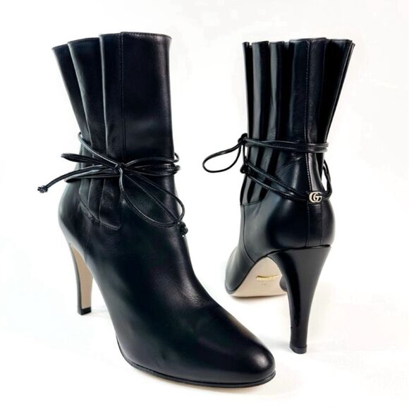 Gucci Shoes - GUCCI Indya Pleated Bow Tie GG Boots Size 38 US 8 Black Leather Ankle Tie Strap